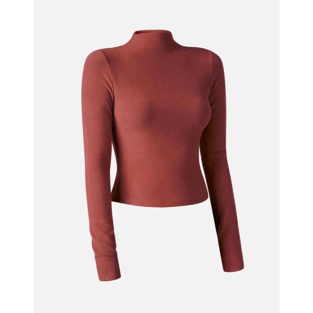 OGL Women's XS Burgundy Georgia‎ Clay Mock Neck Long Sleeve Fitted Crop Top